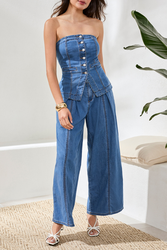 Denim Strapless Button Down Top