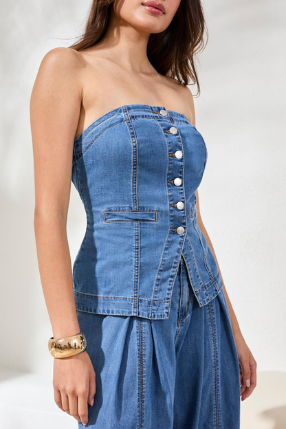 Denim Strapless Button Down Top