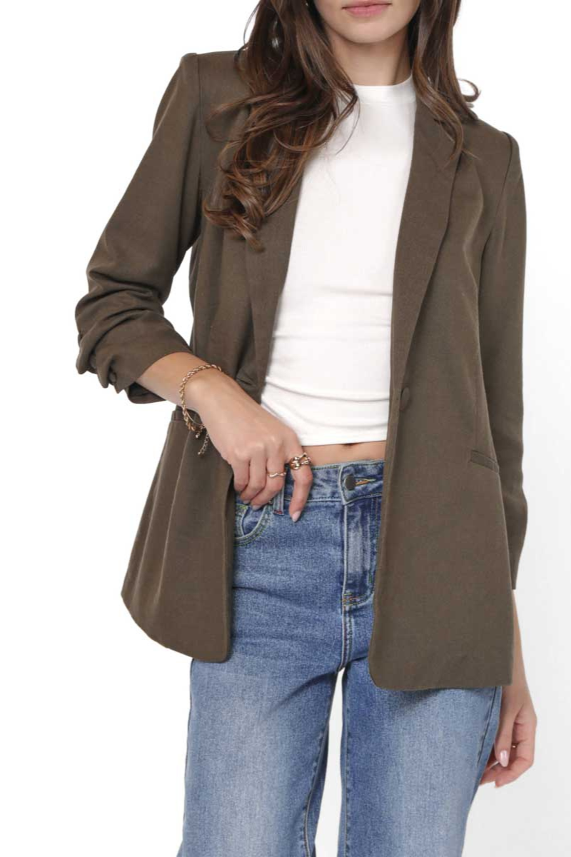 Backyard Ruched Sleeve Linen Blazer