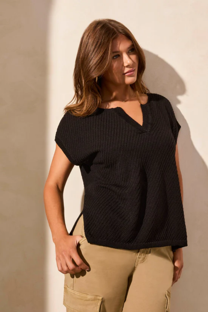 Side Slit V-Neck Top | Black