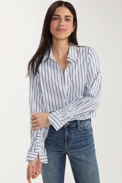 Navy Stripe Button Front Blouse