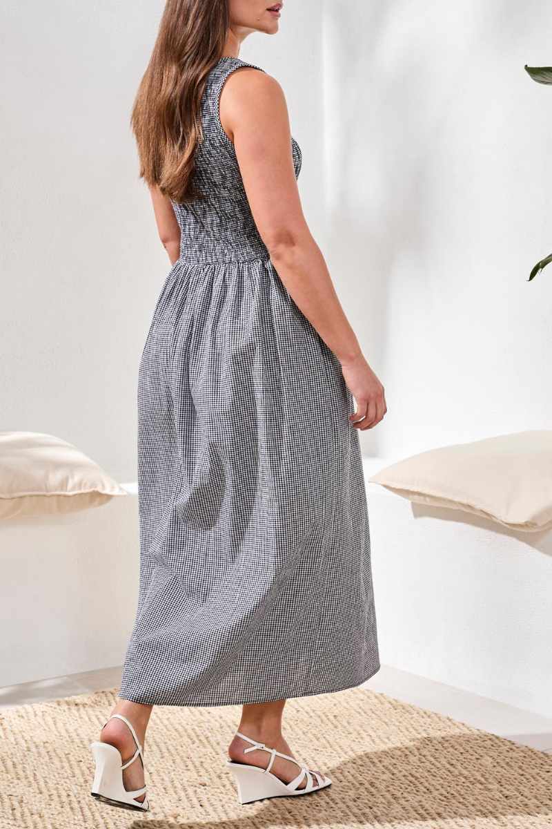 Black Gingham Smocked Top Dress