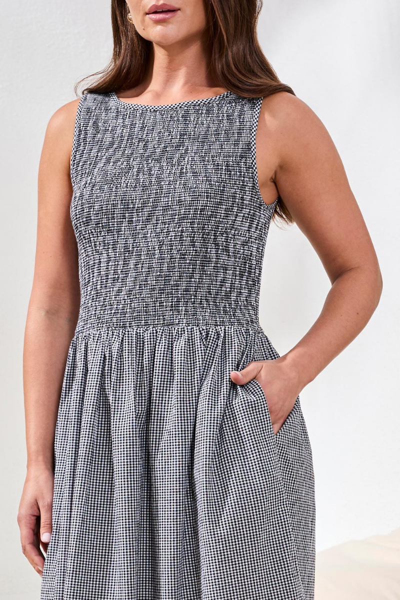 Black Gingham Smocked Top Dress