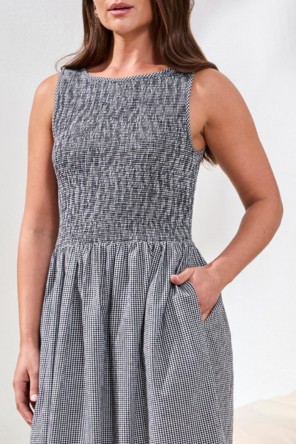 Black Gingham Smocked Top Dress