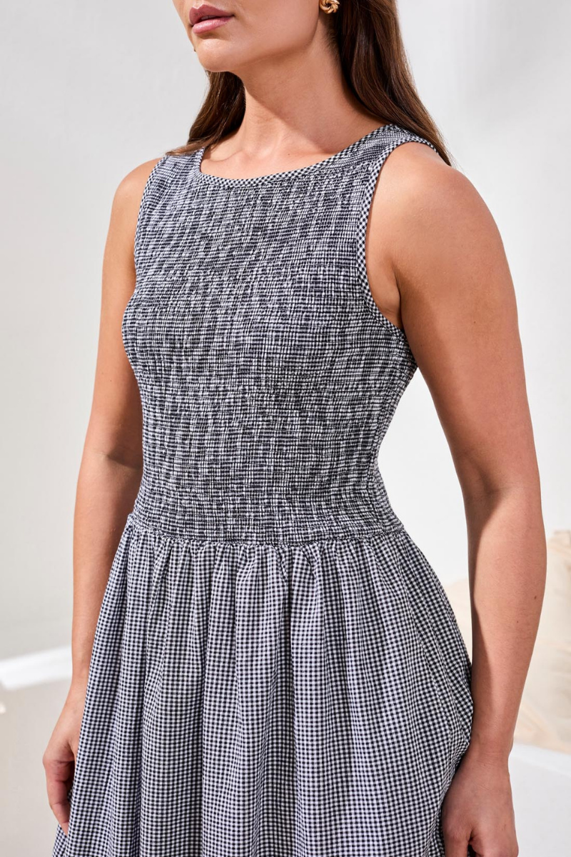 Black Gingham Smocked Top Dress