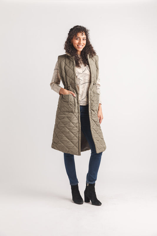 Long Quilted Vest | Khaki