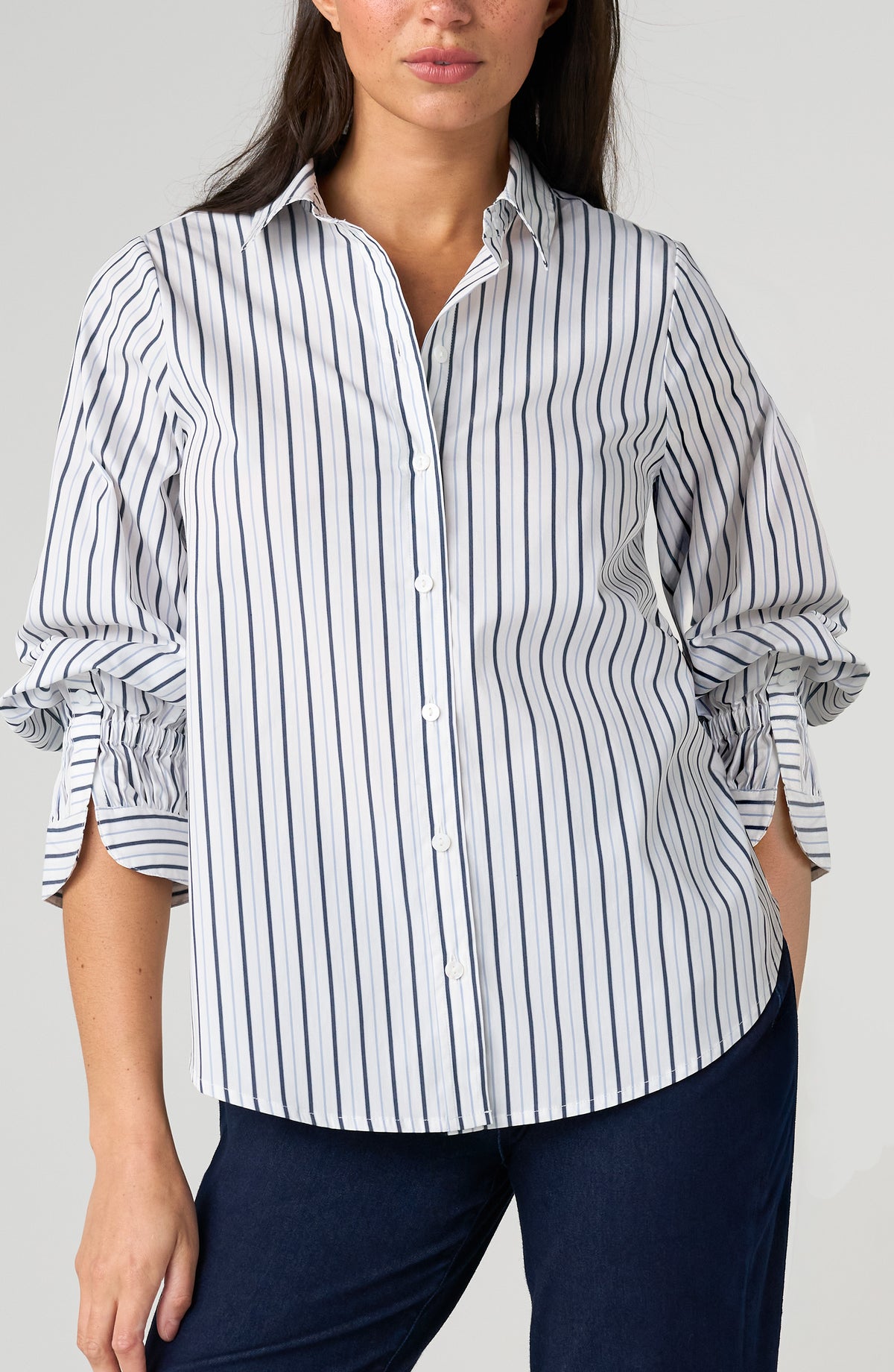 Navy Stripe Button Front Blouse