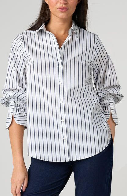 Navy Stripe Button Front Blouse